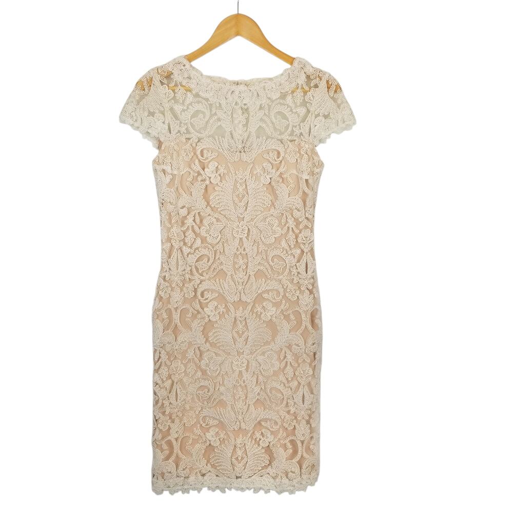 Tadashi Shoji Women's Lace Overlay Cap Sleeve Sheath Dress Ivory Nude Size 4 - Picture 2 of 8